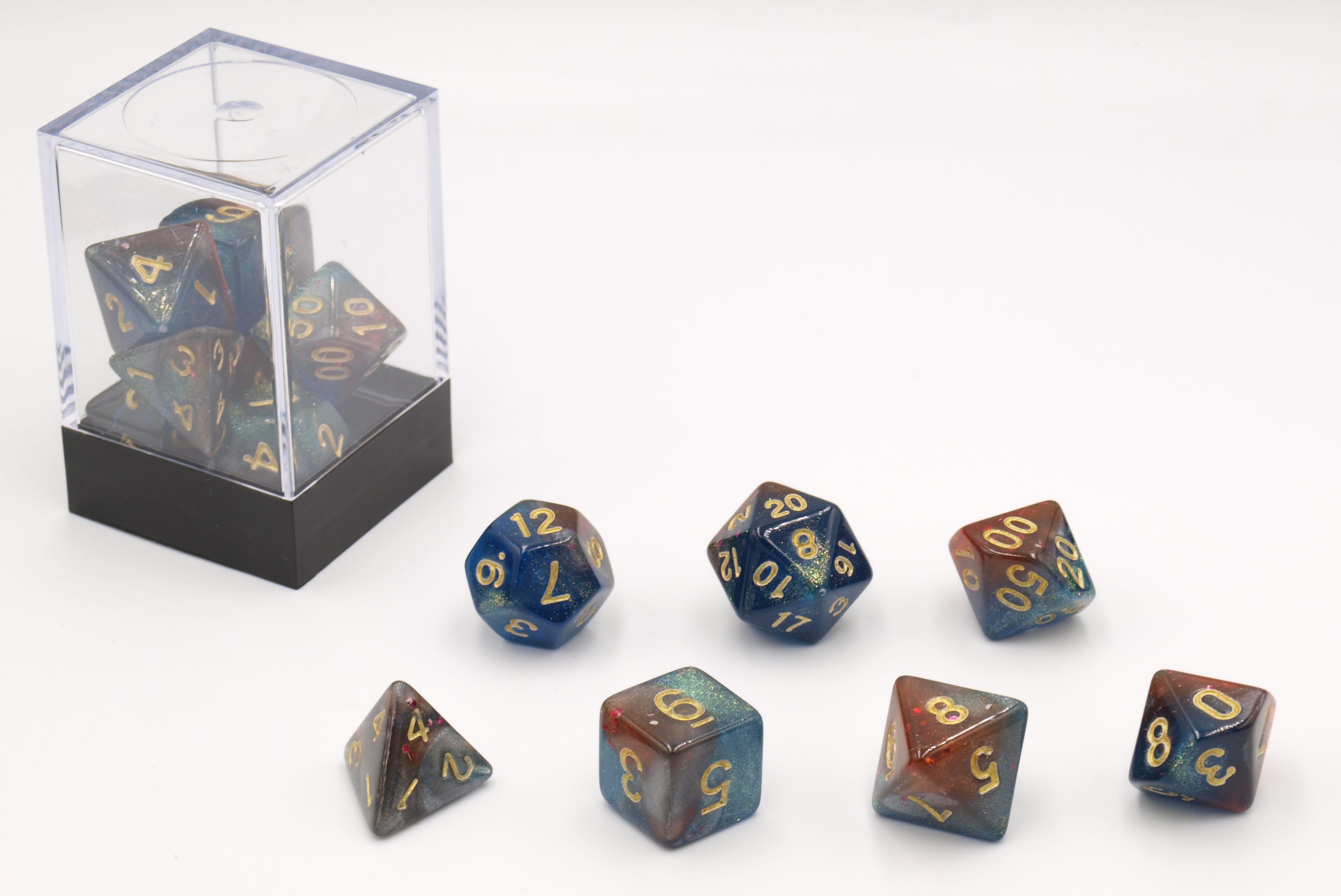 Dobbelsteen Dice set Stardust Blue/Amber 7set
