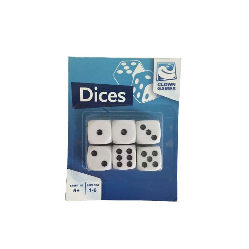 Dobbelstenen Wit 6 stuks op blisterkaart
