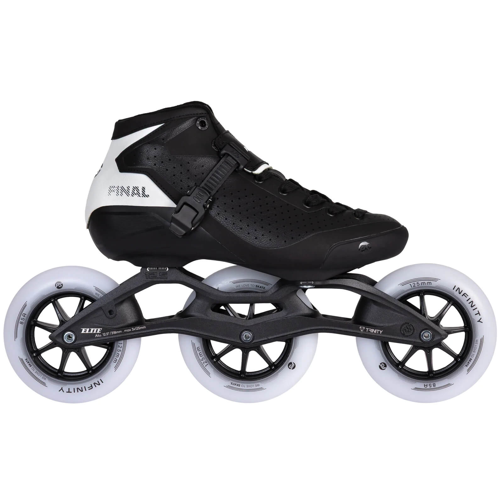 Powerslide Final 125 Black/White met 3x125 mm wielen, TRINITY X mount en snelle race-opbouw voor training, marathons en lange ritten.